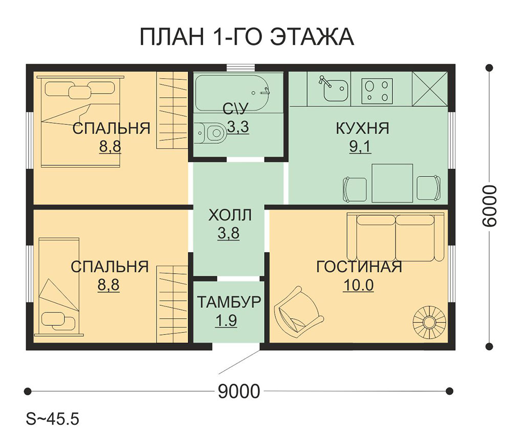 Проект ССК-45 О — дом 9х6 45 кв.м. — до 80 кв.м. от ССК-ДОМ